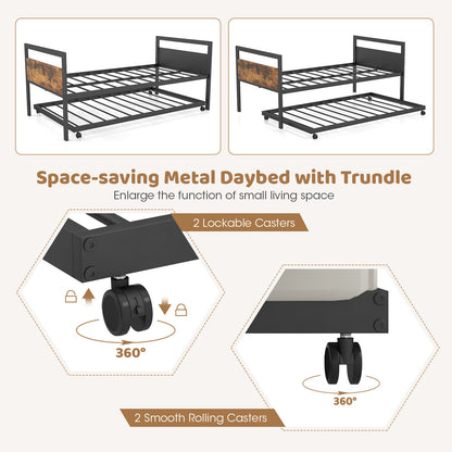Twin Metal Daybed with Trundle, Lockable Casters and Wood Headboard