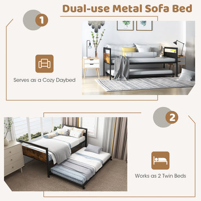 Twin Metal Daybed with Trundle, Lockable Casters and Wood Headboard