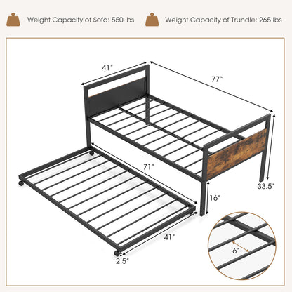 Twin Metal Daybed with Trundle, Lockable Casters and Wood Headboard
