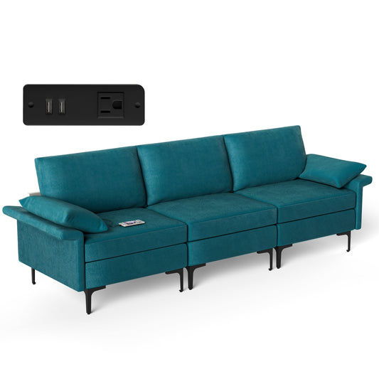 Modern 3-Seat Sofa with Metal Legs, Built-in USB Charging Ports, and Deep Cushions in Peacock Blue