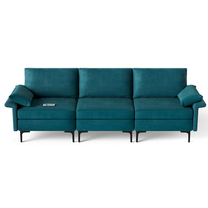 Modern 3-Seat Sofa with Metal Legs, Built-in USB Charging Ports, and Deep Cushions in Peacock Blue