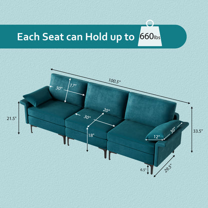Modern 3-Seat Sofa with Metal Legs, Built-in USB Charging Ports, and Deep Cushions in Peacock Blue