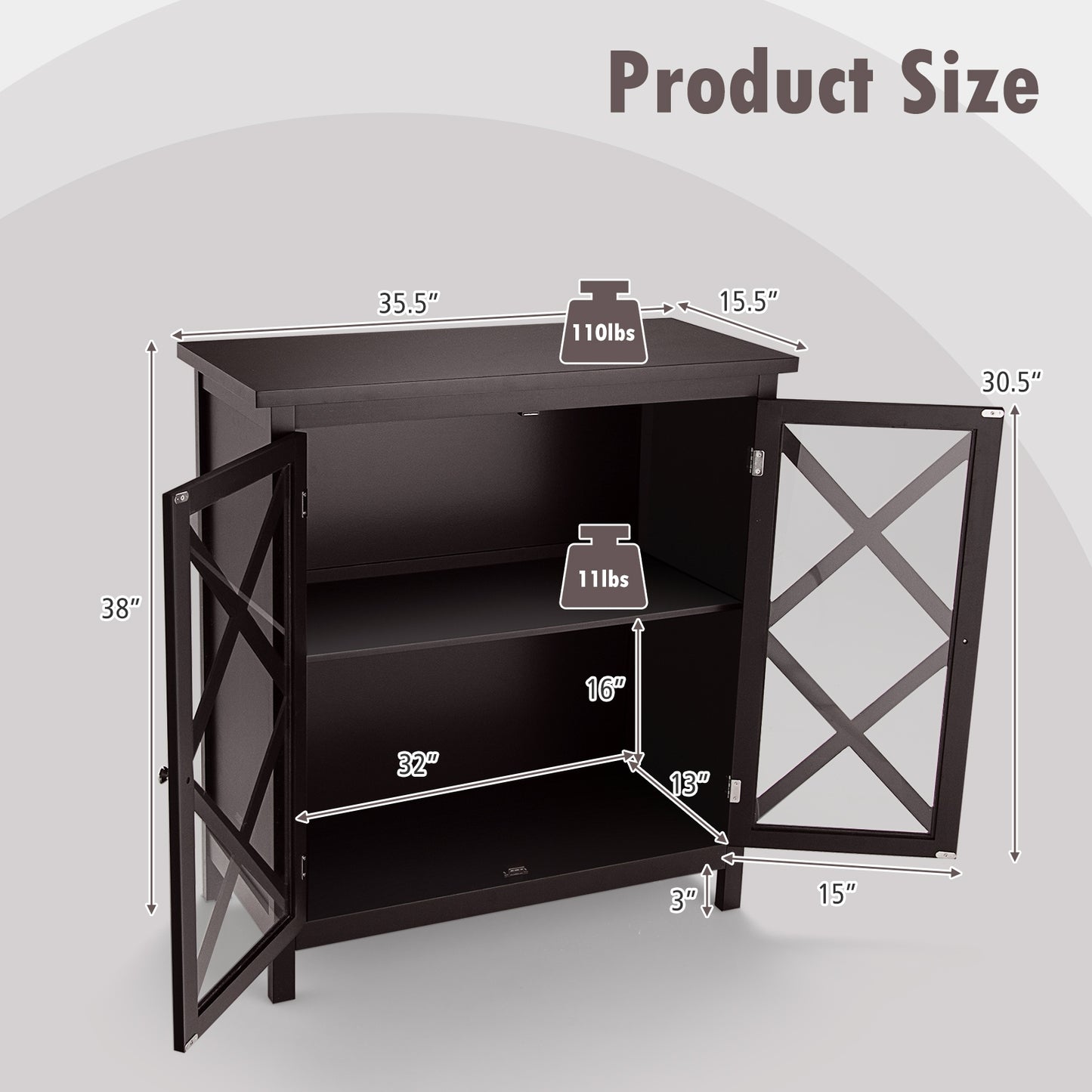 Freestanding Buffet Sideboard Cabinet with Glass Doors and Adjustable Shelf - Brown