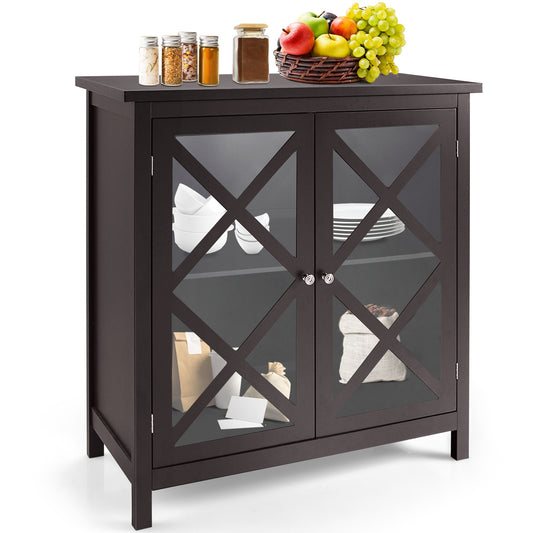 Freestanding Buffet Sideboard Cabinet with Glass Doors and Adjustable Shelf - Brown