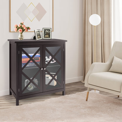 Freestanding Buffet Sideboard Cabinet with Glass Doors and Adjustable Shelf - Brown
