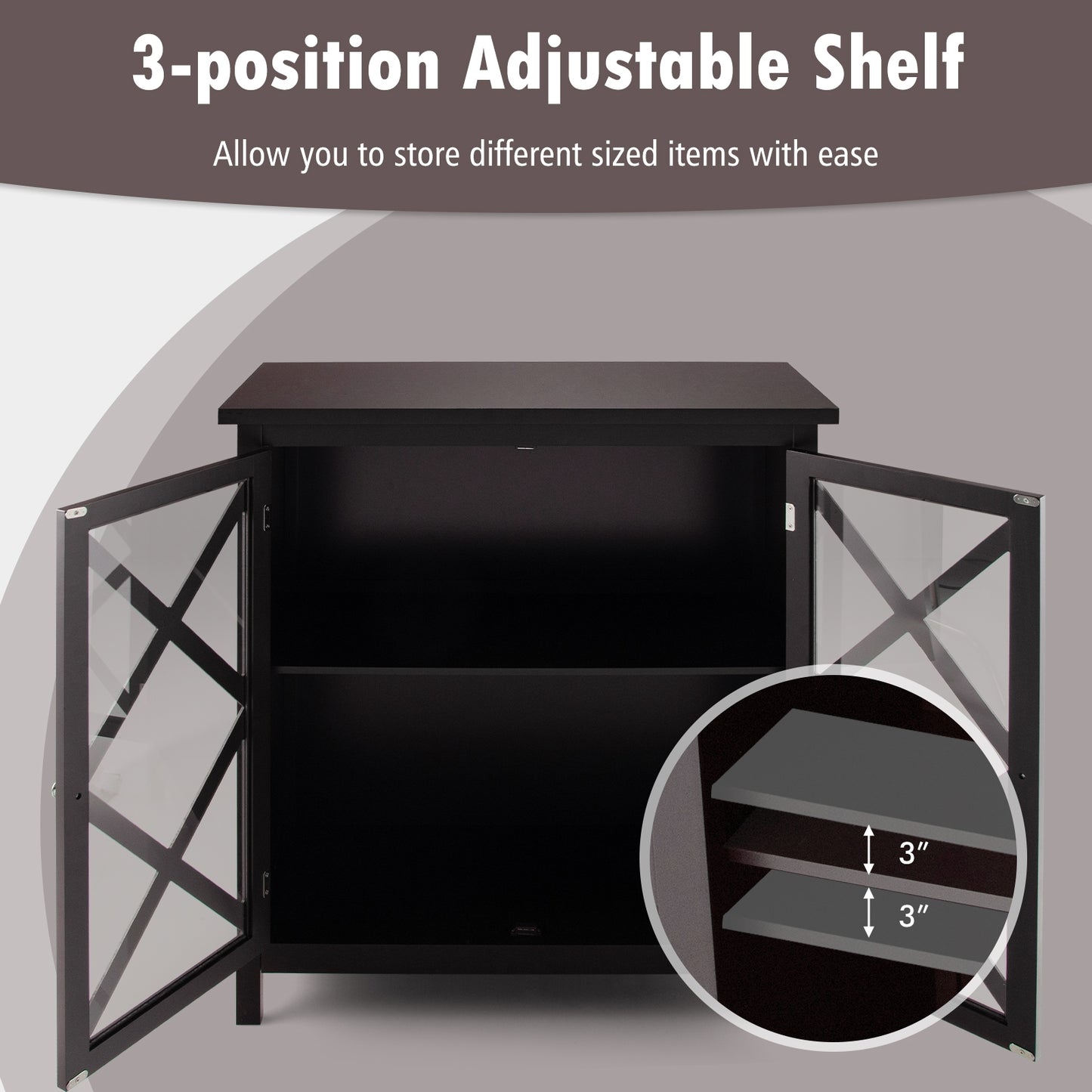 Freestanding Buffet Sideboard Cabinet with Glass Doors and Adjustable Shelf - Brown