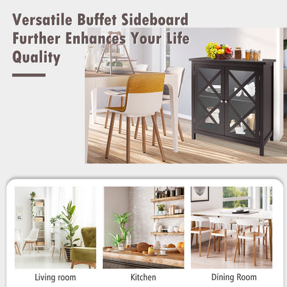 Freestanding Buffet Sideboard Cabinet with Glass Doors and Adjustable Shelf - Brown