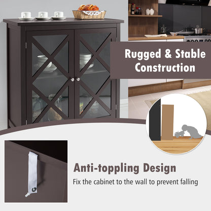 Freestanding Buffet Sideboard Cabinet with Glass Doors and Adjustable Shelf - Brown