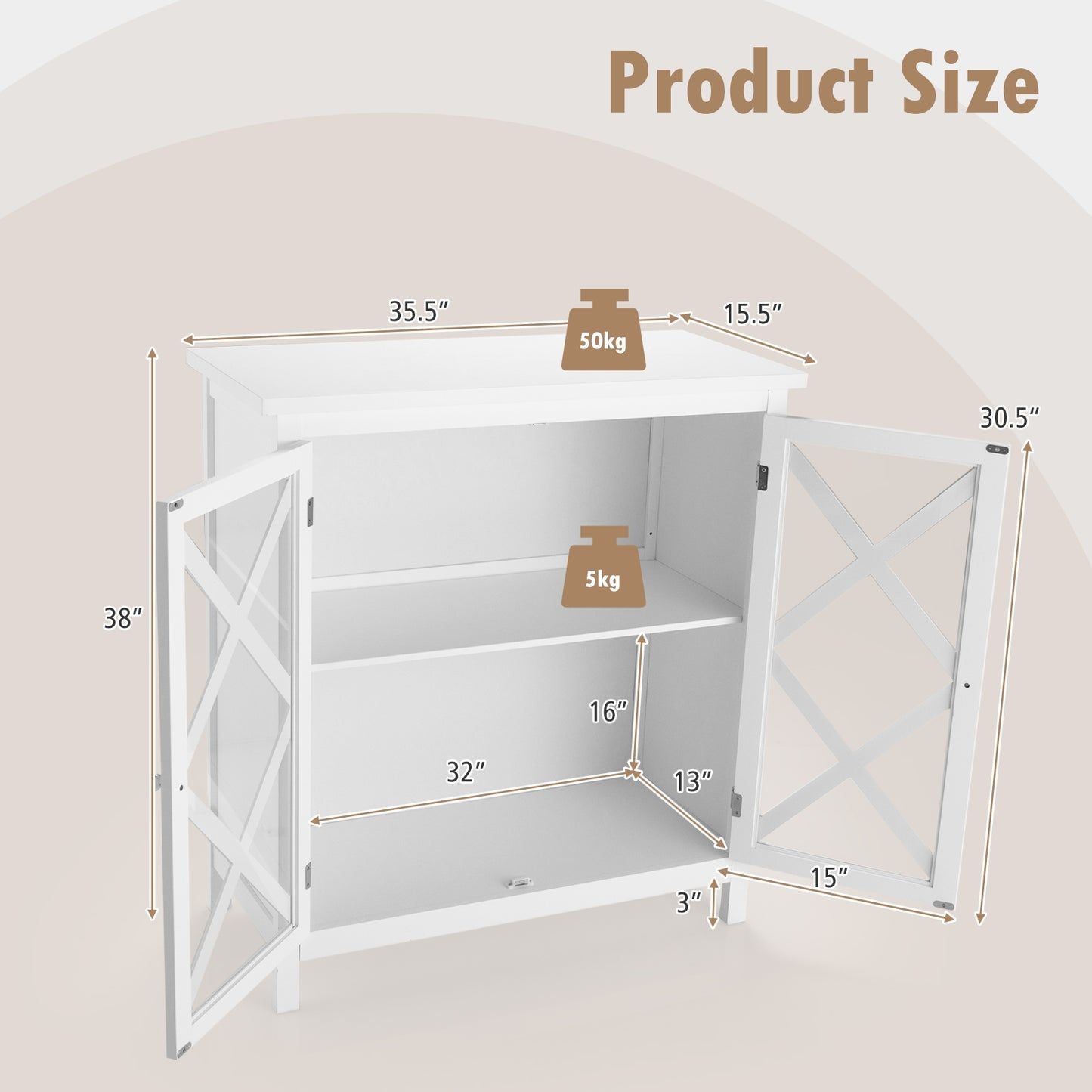 Freestanding Buffet Sideboard Cabinet with Glass Doors and Adjustable Shelf - White
