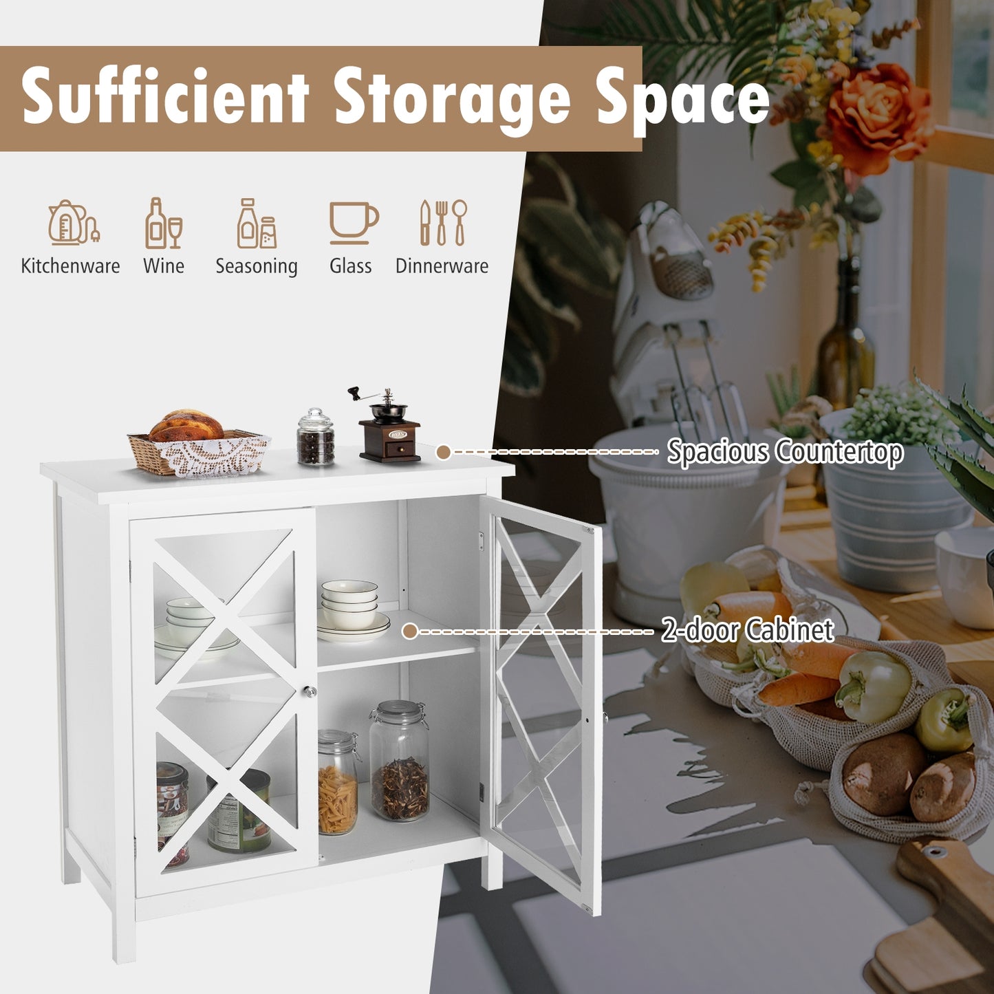 Freestanding Buffet Sideboard Cabinet with Glass Doors and Adjustable Shelf - White