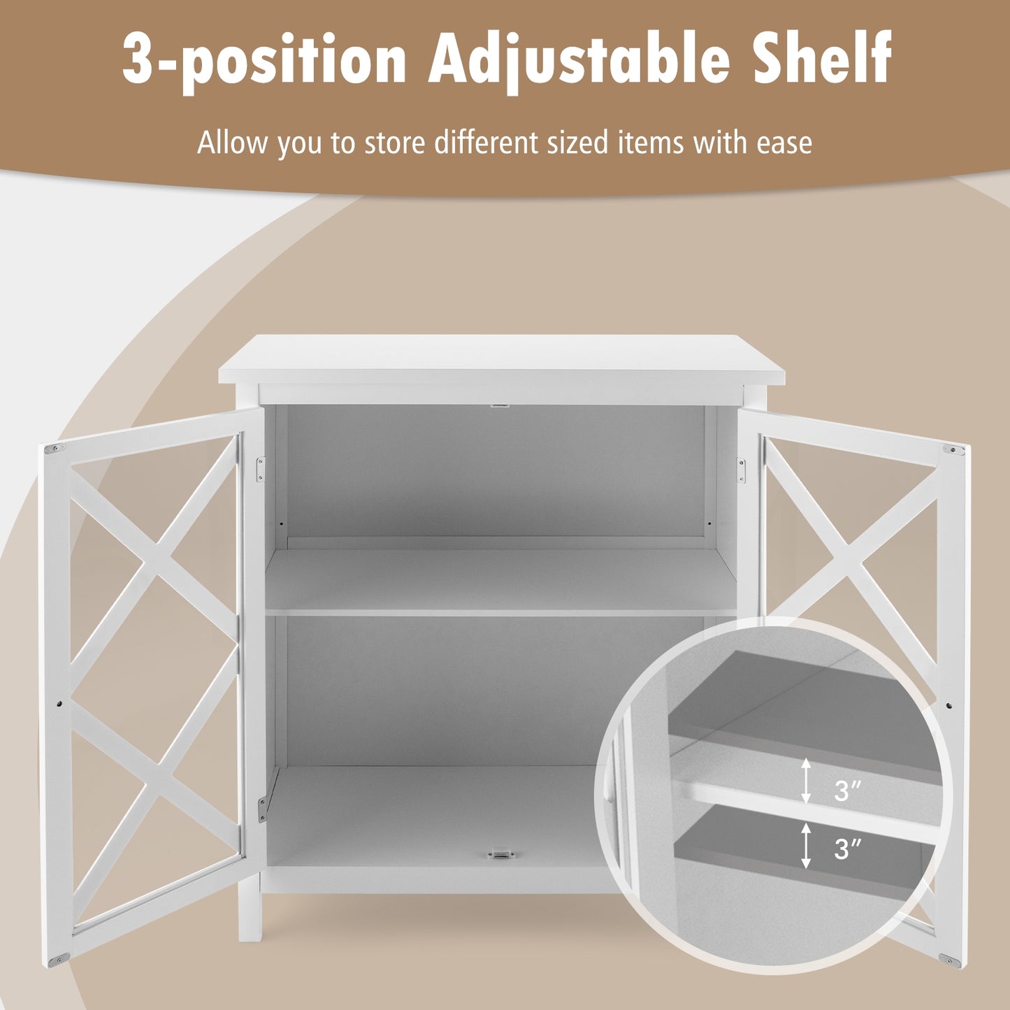 Freestanding Buffet Sideboard Cabinet with Glass Doors and Adjustable Shelf - White