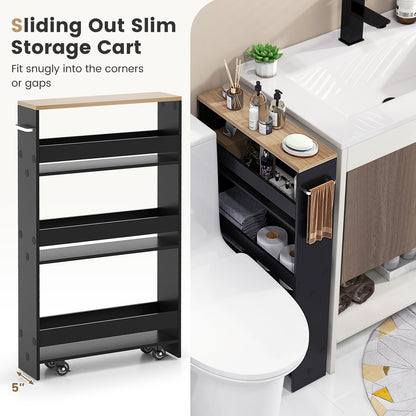 Slim Rolling Kitchen Storage Cart with Mobile Shelves and Handle - Black