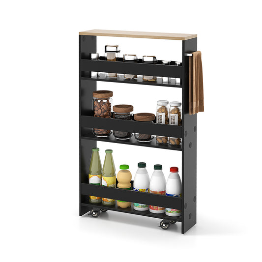 Slim Rolling Kitchen Storage Cart with Mobile Shelves and Handle - Black