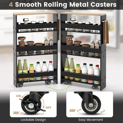 Slim Rolling Kitchen Storage Cart with Mobile Shelves and Handle - Black