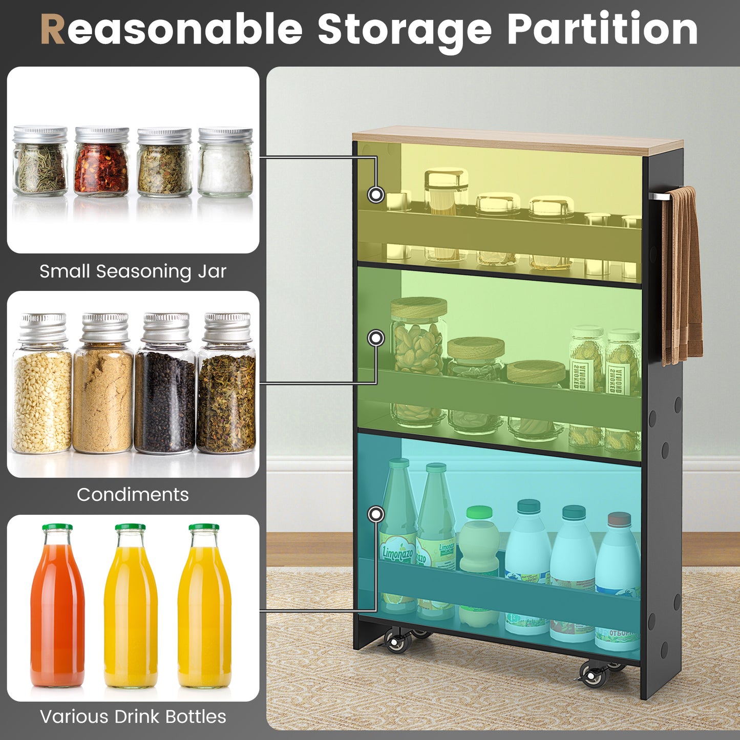 Slim Rolling Kitchen Storage Cart with Mobile Shelves and Handle - Black