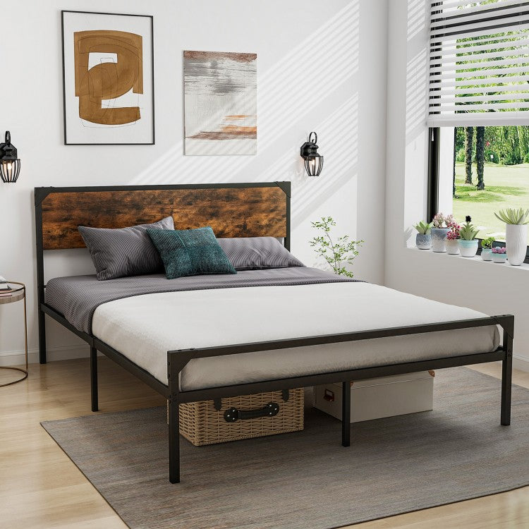 Rustic Metal Platform Bed with Headboard and Footboard - Queen Size
