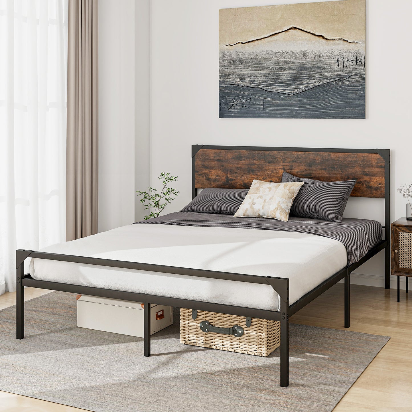 Rustic Metal Platform Bed with Headboard and Footboard - Queen Size