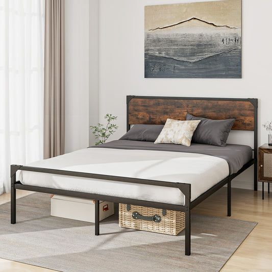 Rustic Metal Platform Bed with Headboard and Footboard - Queen Size
