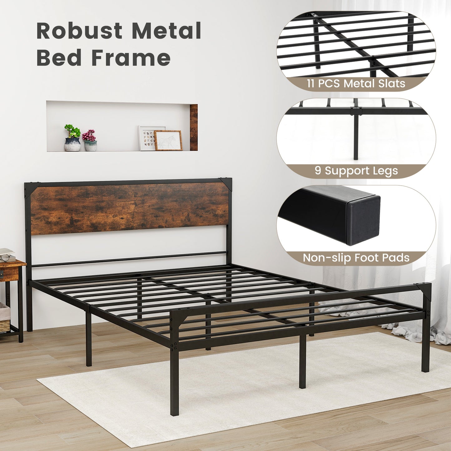 Rustic Metal Platform Bed with Headboard and Footboard - Queen Size