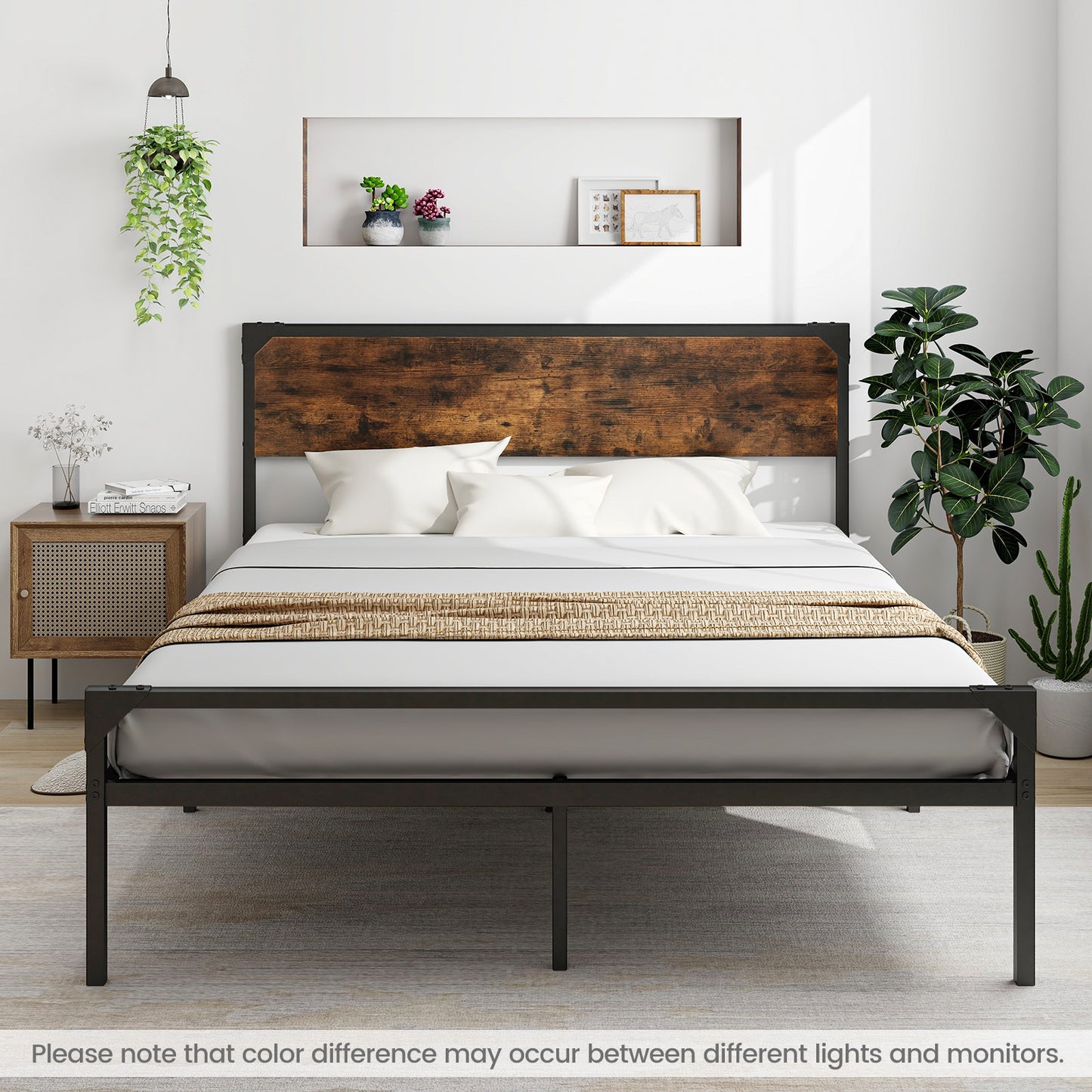 Rustic Metal Platform Bed with Headboard and Footboard - Queen Size