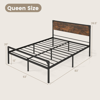Rustic Metal Platform Bed with Headboard and Footboard - Queen Size