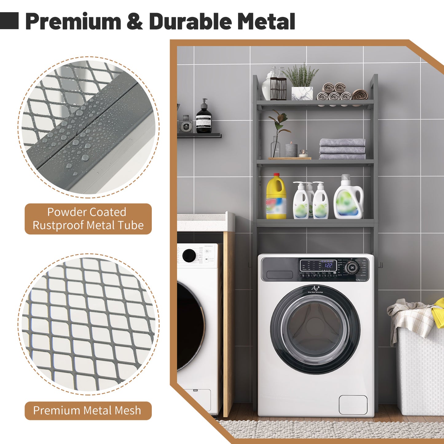 Space Saving Over-The-Toilet Metal Storage Rack with Hooks