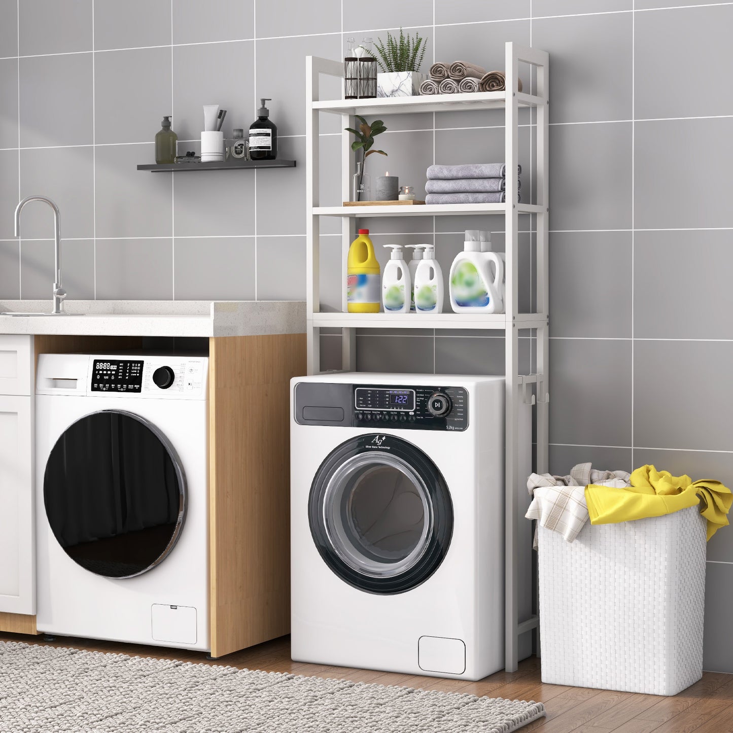 Space Saving Over-The-Toilet Metal Storage Rack with Hooks