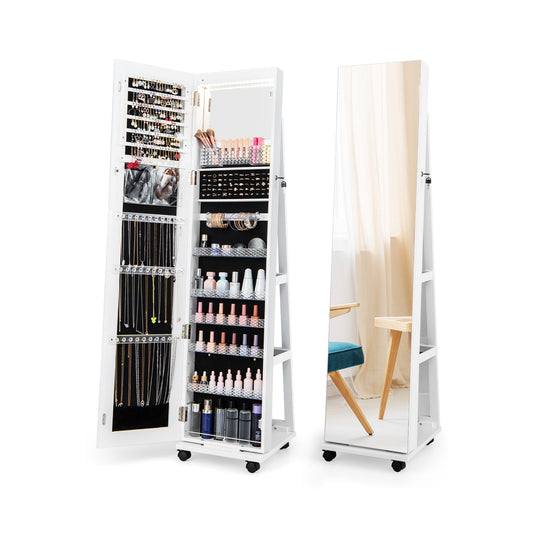 64 Inch Lockable Jewelry Armoire with Built-In LED Makeup Mirror, Large Storage, and Full-Length Mirror – White