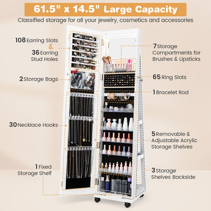 64 Inch Lockable Jewelry Armoire with Built-In LED Makeup Mirror, Large Storage, and Full-Length Mirror – White