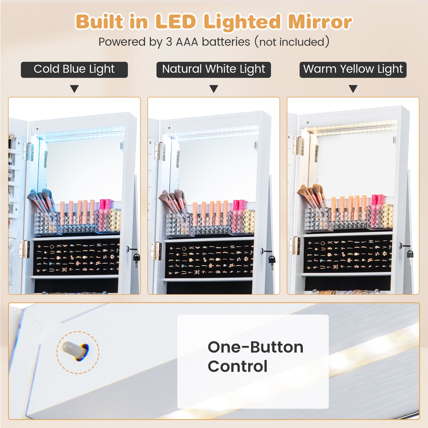 64 Inch Lockable Jewelry Armoire with Built-In LED Makeup Mirror, Large Storage, and Full-Length Mirror – White