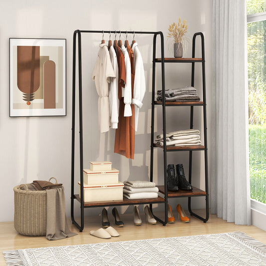 Freestanding Clothes Rack with Metal Frame and 5-Tier Storage Tower in Black – Multifunctional Organizer for Bedroom, Closet, Entryway