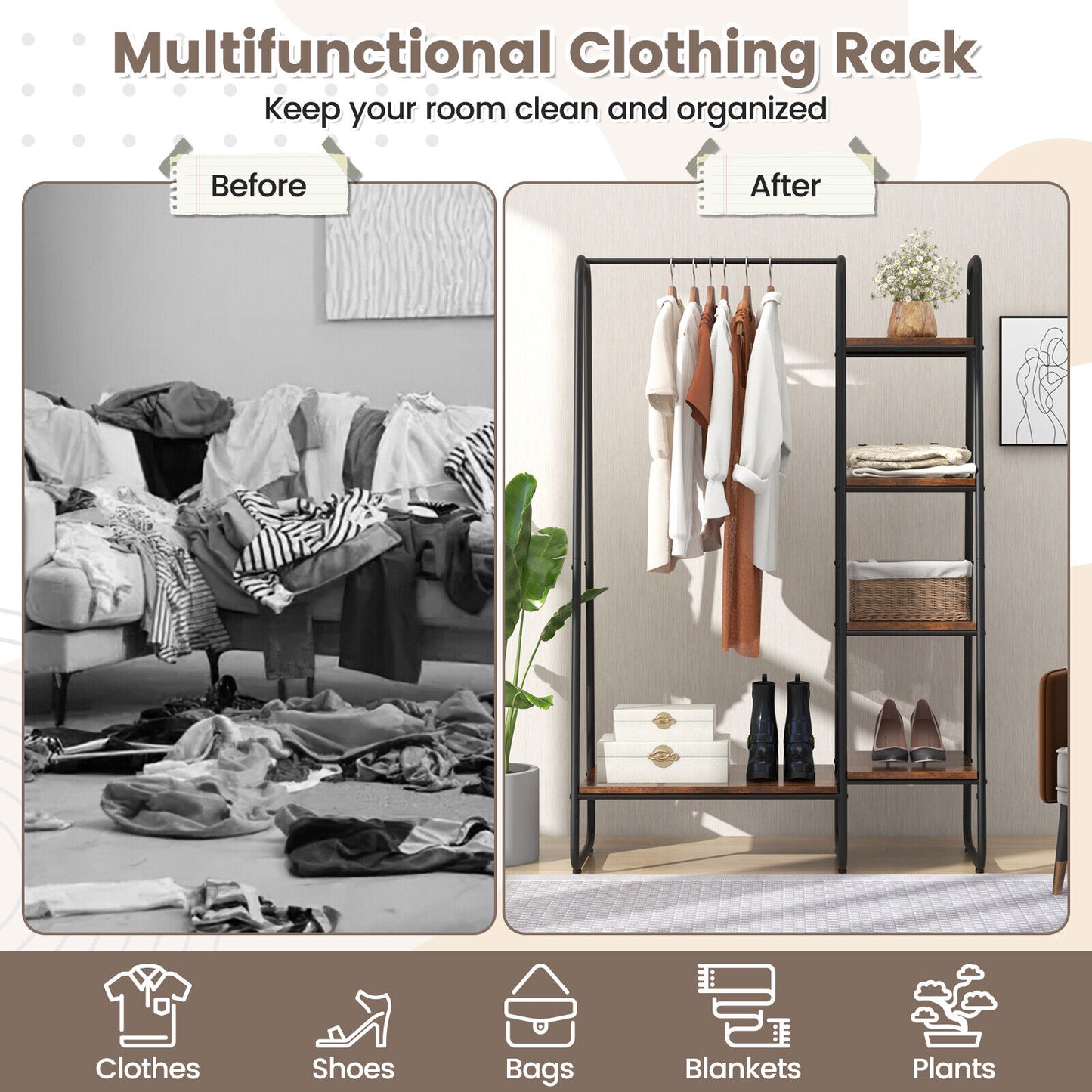 Freestanding Clothes Rack with Metal Frame and 5-Tier Storage Tower in Black – Multifunctional Organizer for Bedroom, Closet, Entryway