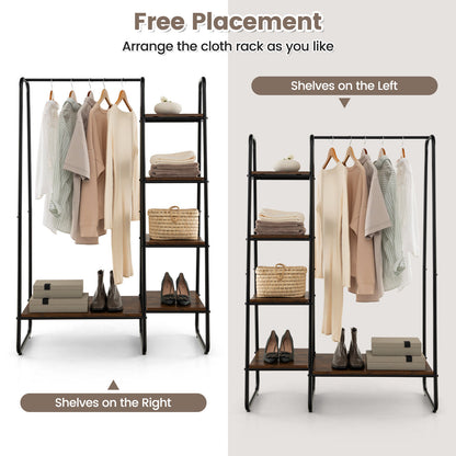 Freestanding Clothes Rack with Metal Frame and 5-Tier Storage Tower in Black – Multifunctional Organizer for Bedroom, Closet, Entryway