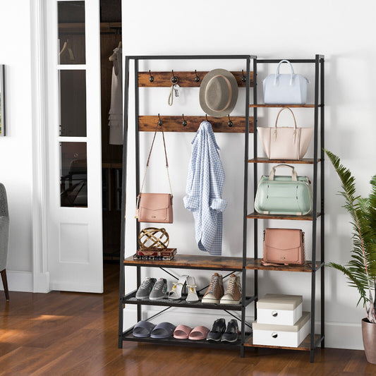 5 in 1 Hall Tree with Storage Bench 9 Hooks and Shelves for Entryway