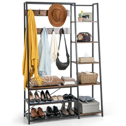 5 in 1 Hall Tree with Storage Bench 9 Hooks and Shelves for Entryway