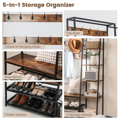5 in 1 Hall Tree with Storage Bench 9 Hooks and Shelves for Entryway