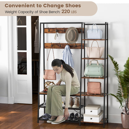 5 in 1 Hall Tree with Storage Bench 9 Hooks and Shelves for Entryway