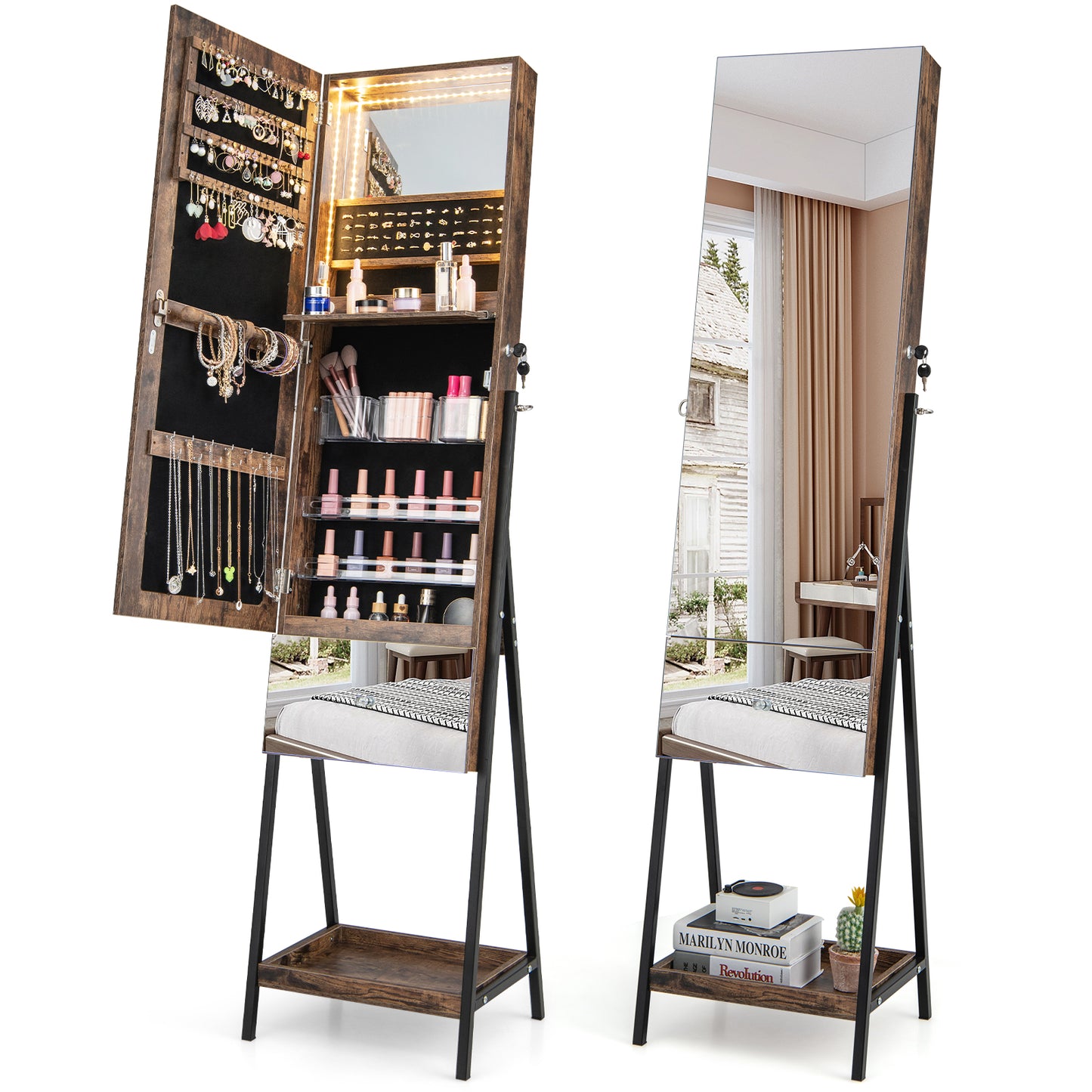 LED Jewelry Armoire with Lockable Storage, Full-Length Frameless Mirror, and Removable Shelves – Rustic Brown