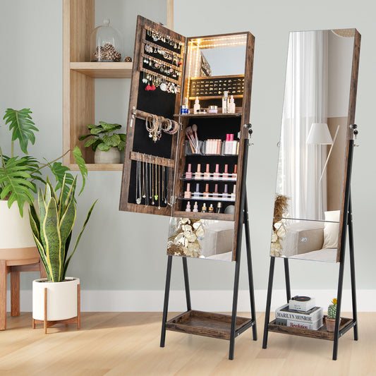 LED Jewelry Armoire with Lockable Storage, Full-Length Frameless Mirror, and Removable Shelves – Rustic Brown