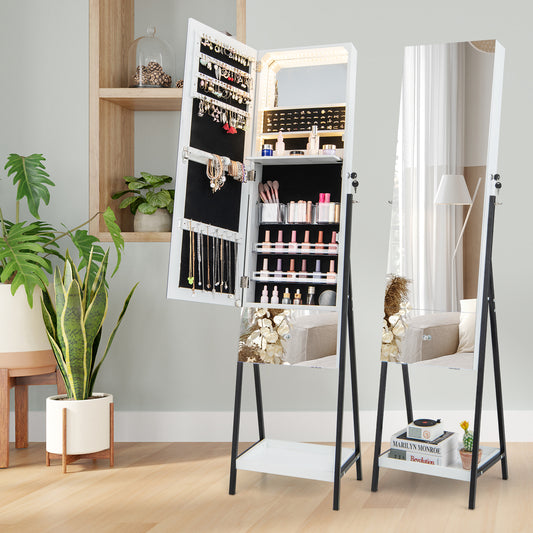 LED Jewelry Armoire with Lockable Storage, Full-Length Frameless Mirror, and Removable Shelves – White