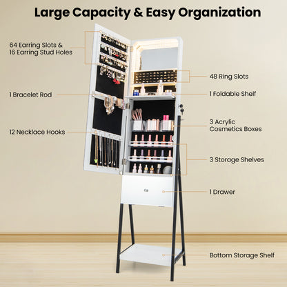 LED Jewelry Armoire with Lockable Storage, Full-Length Frameless Mirror, and Removable Shelves – White