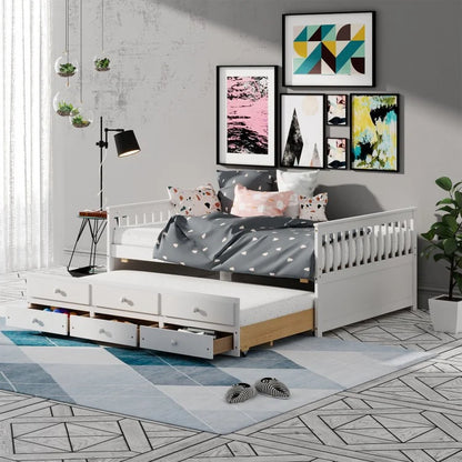 Full Size Wood Daybed with Trundle & 3 Storage Drawers