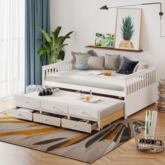 Full Size Wood Daybed with Trundle & 3 Storage Drawers