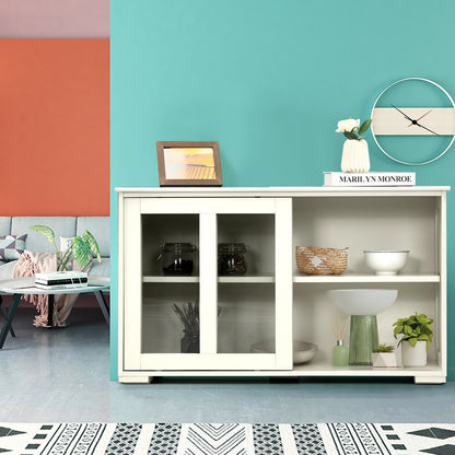 Modern Sliding Door Buffet Sideboard with Glass Cabinet Storage and Shelves - Antique White