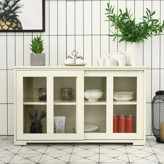 Modern Sliding Door Buffet Sideboard with Glass Cabinet Storage and Shelves - Antique White