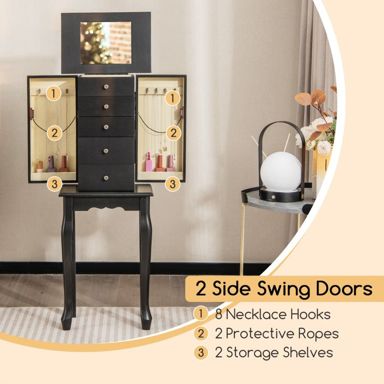 Elegant Standing Jewelry Armoire with Full-Length Mirror and Ample Storage – Black