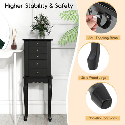 Elegant Standing Jewelry Armoire with Full-Length Mirror and Ample Storage – Black