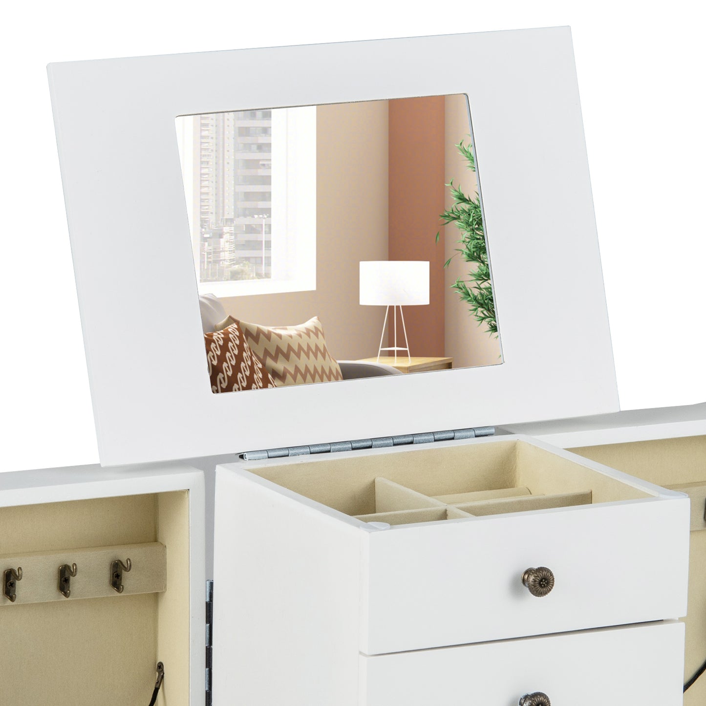 Elegant Standing Jewelry Armoire with Full-Length Mirror and Ample Storage – White