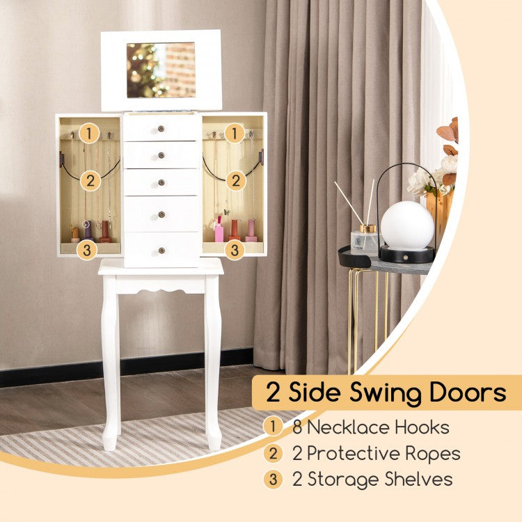Elegant Standing Jewelry Armoire with Full-Length Mirror and Ample Storage – White