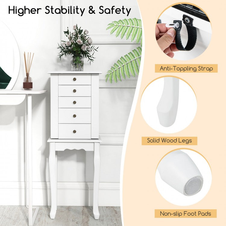Elegant Standing Jewelry Armoire with Full-Length Mirror and Ample Storage – White
